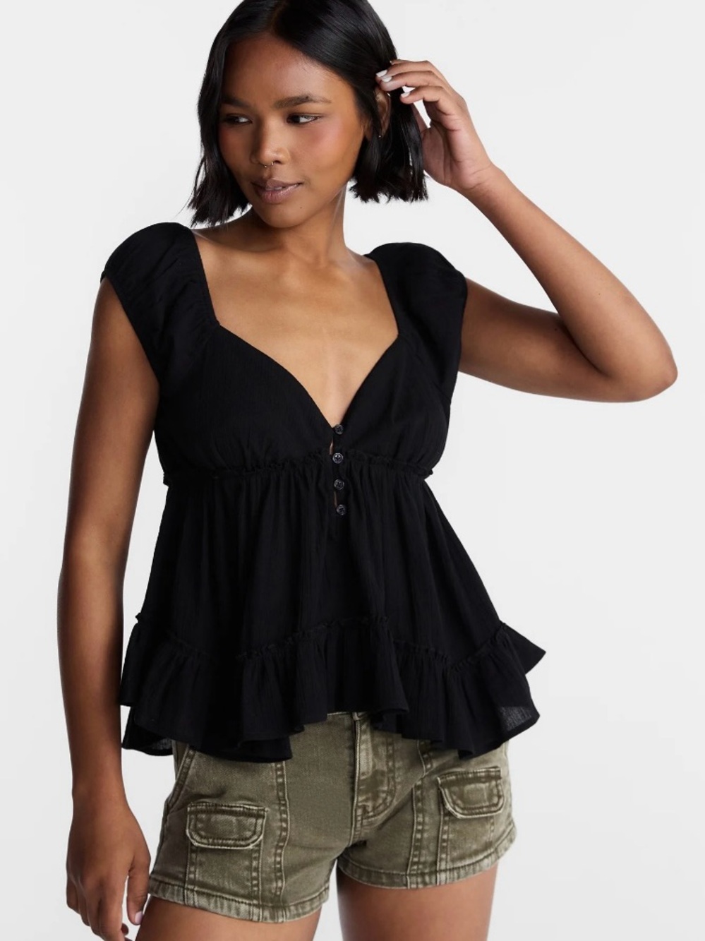 NWT No boundaries Black Ruffle Peplum Button-Front WovenTop